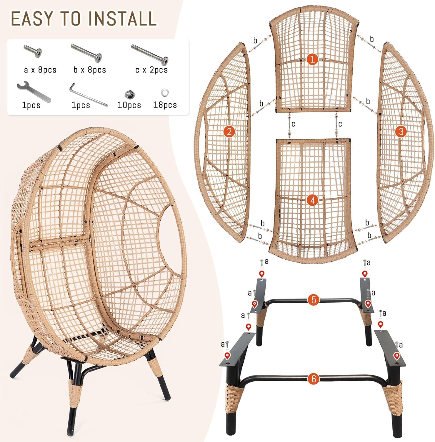 RADIATA Egg Chair with Footrest, Wicker Patio Lounger with Ottoman, Oversized Rattan Egg Shaped Chair with Leg for Indoor Outdoor Patio Balcony Garden (Brown)