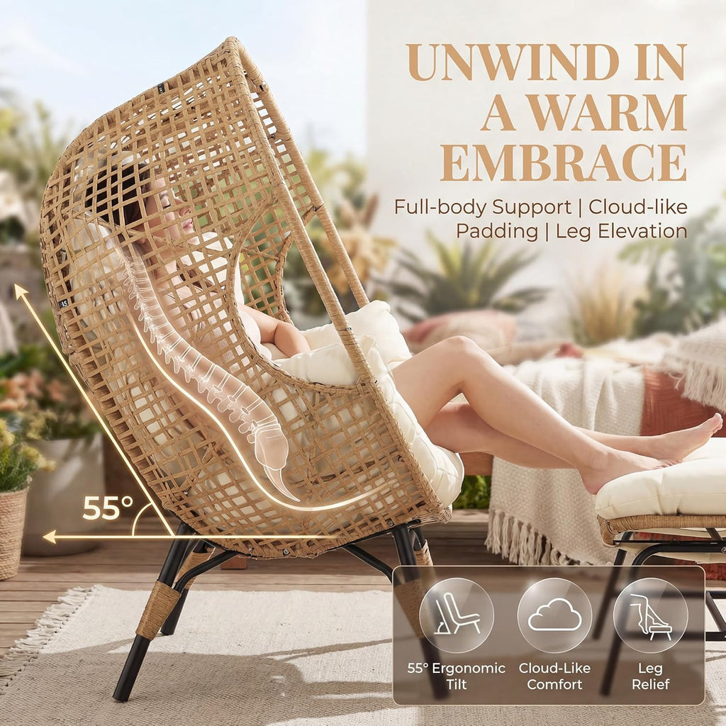 RADIATA Egg Chair with Footrest, Wicker Patio Lounger with Ottoman, Oversized Rattan Egg Shaped Chair with Leg for Indoor Outdoor Patio Balcony Garden (Beige)