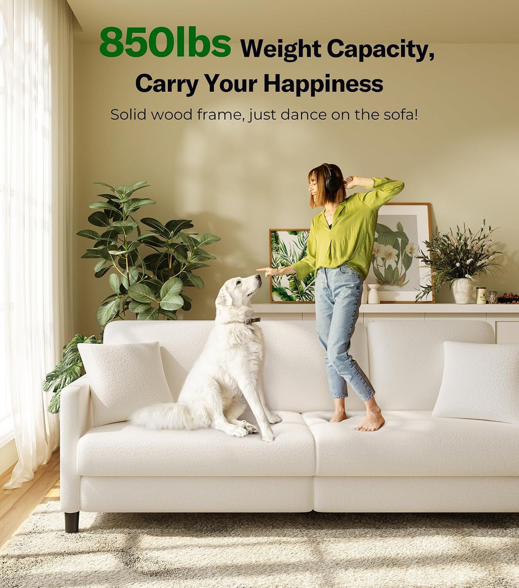 Welzona 83' Couches for Living Room, Teddy Sofa Couch, Comfy Sofas for Living Room, Tool-Free Setup Loveseat Sofa, All-Wood Love Seat Couches, Small Couch 2 Pillows Included, Beige