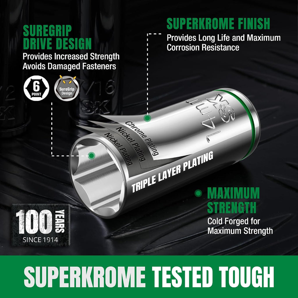 SK 3/8' Drive Socket Set with 216-P Quick-Release Ratchet, 41-Piece, SAE & Metric, SuperKrome Finish, Premium CR-V Construction, with Storage Suitcase