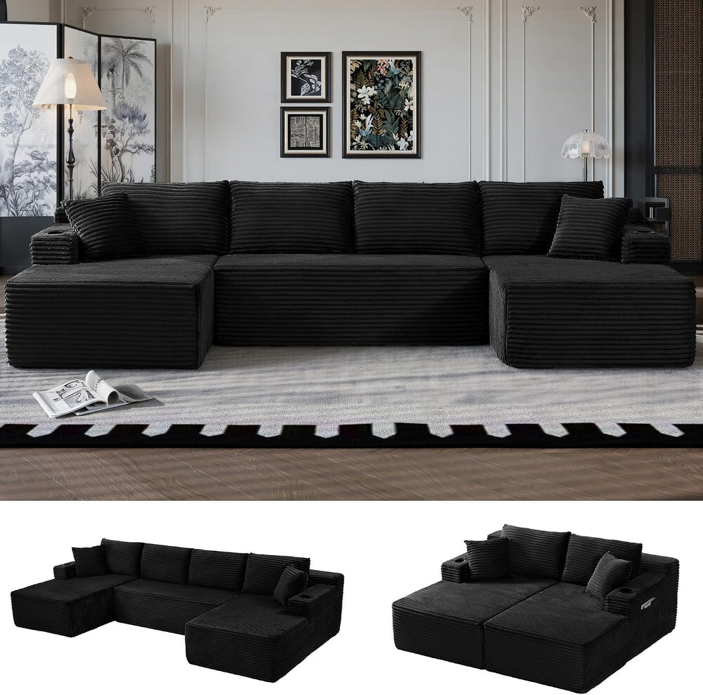 133' Oversized Cloud Boneless Couch with Chaise, Modern Modular Sofa with Deep Seat, Corduroy Upholstered U Shaped Couch for Living Room, No Assembly Required (Black)