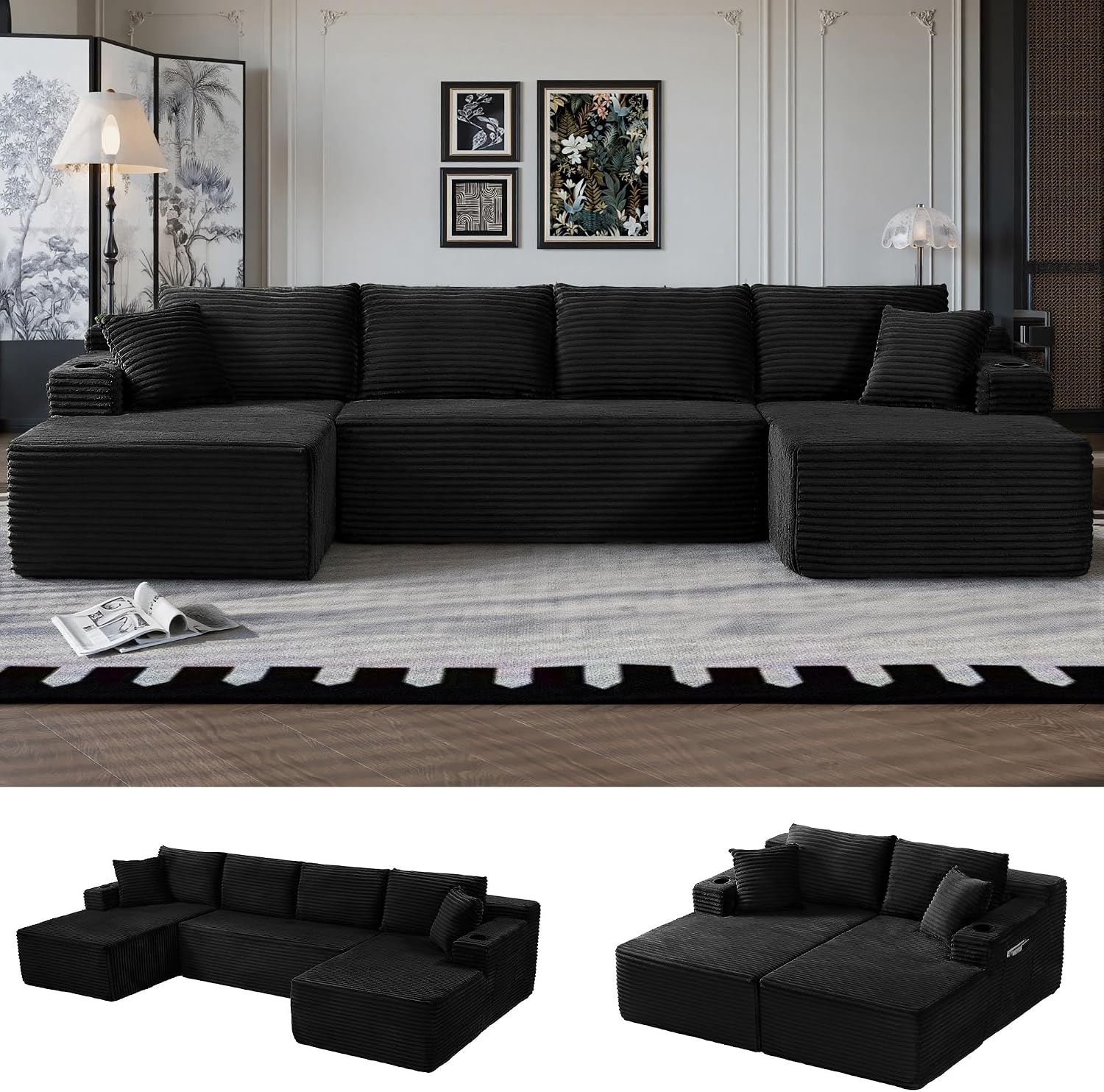 133' Oversized Cloud Boneless Couch with Chaise, Modern Modular Sofa with Deep Seat, Corduroy Upholstered U Shaped Couch for Living Room, No Assembly Required (Black)