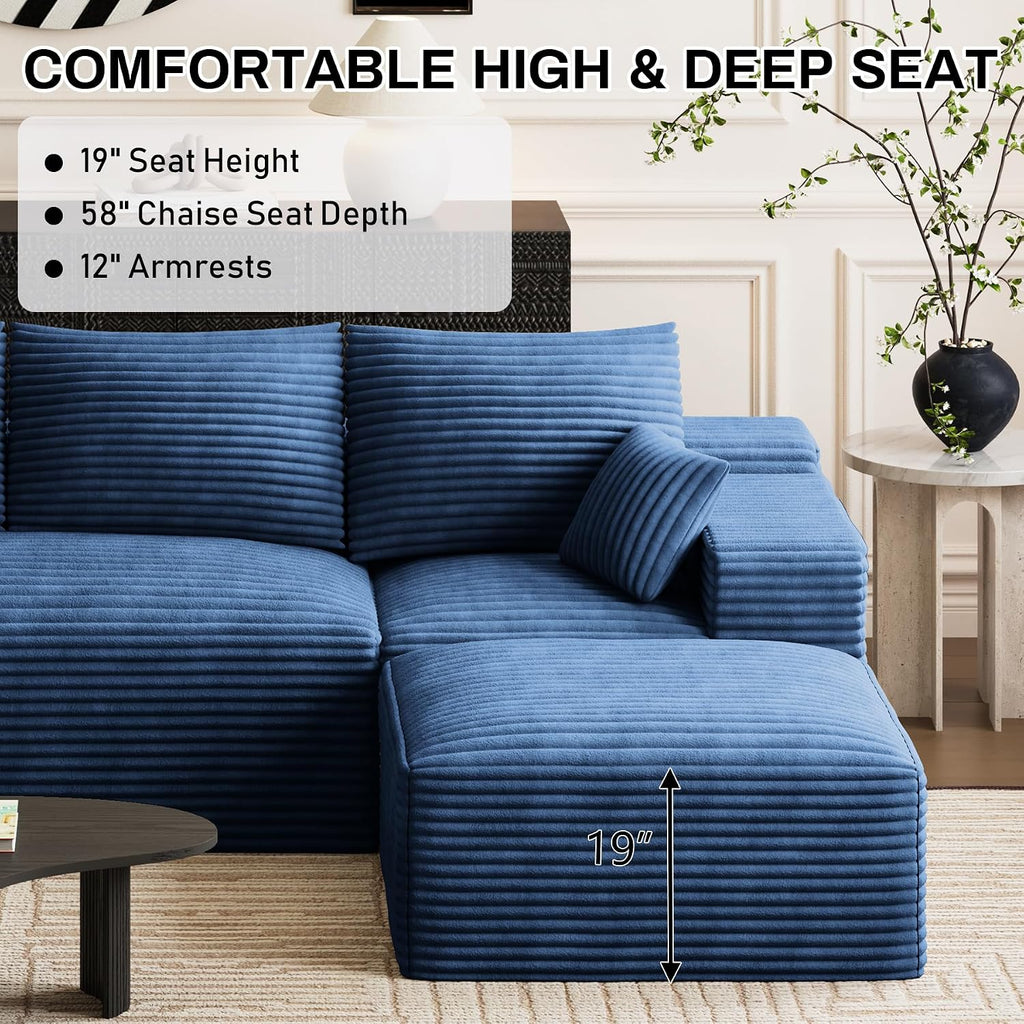 108' Oversized L-Shaped Sectional Couches for Living Room, Comfy Fluffy Corduroy Blue Boneless Cloud Couch with Ottoman, Plush Memory Foam Modular Sectional Sofa for Small Spaces