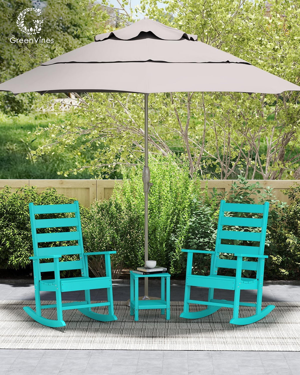 GREENVINES Outdoor Rocking Chairs Set of 2 | HDPE Plastic | Patio-Rocker-Chair | Porch Rocker | Shaker | Oversized | High Ladder Back | Big and Tall | PentaLuxe | Aqua