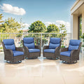 Outdoor Swivel Rocker Patio Chairs Set of 4-5' Thick Cushion 4 Piece Furniture Set All Weather Comfortable Wicker Conversation Set for Porch Poolside and Deck - Brown/Blue