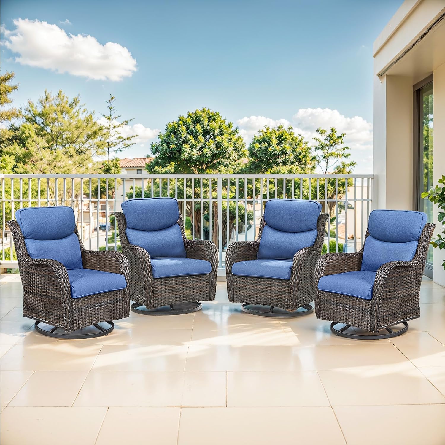 Outdoor Swivel Rocker Patio Chairs Set of 4-5' Thick Cushion 4 Piece Furniture Set All Weather Comfortable Wicker Conversation Set for Porch Poolside and Deck - Brown/Blue