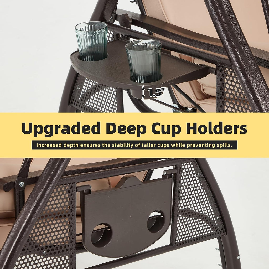 HOMREST 3 Person Outdoor Porch Swing with 1.5' Upgraded Cup Holder, Adjustable Canopy, Backrest, Patio Swing Bed with Weather Resistant Steel Frame, Cushions for Garden,Deck and Poolside(Khaki)