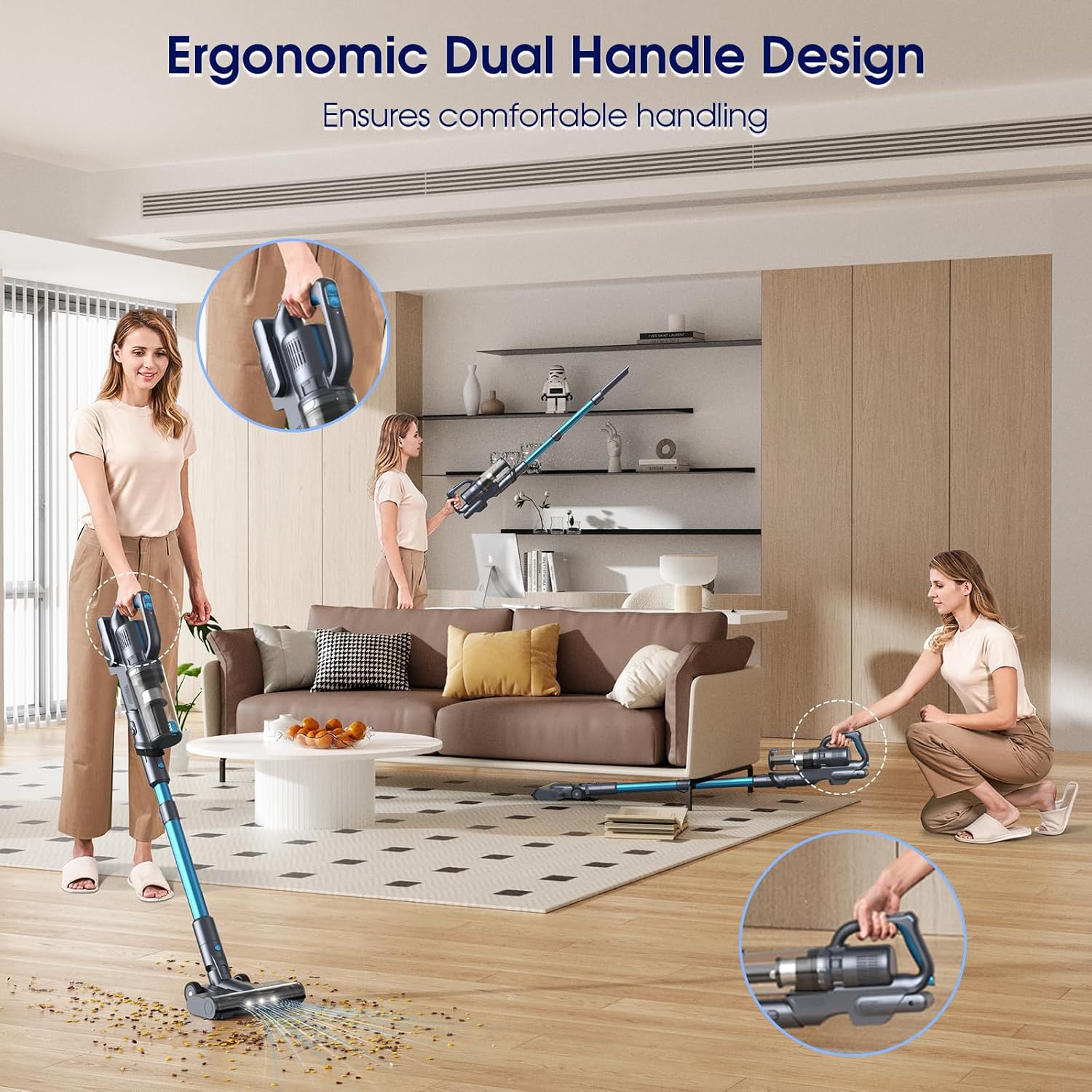 MIUZZY 35,000pa Cordless Vacuum Cleaner, Max 50 Minutes, Lightweight Cordless Cleaners for Home, Stick and Handheld Vacuum for Carpets, Hard Floor, Pet Hair, Cars (Blue)