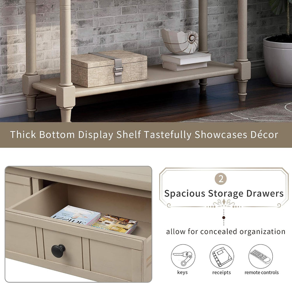 Bellemave Console Table with Drawers, Retro Entryway Table with 2 Drawers and Open Storage Shelf, Narrow Long Sofa Table, Behind Couch Table for Living Room, Foyer and Hallway, Retro Grey
