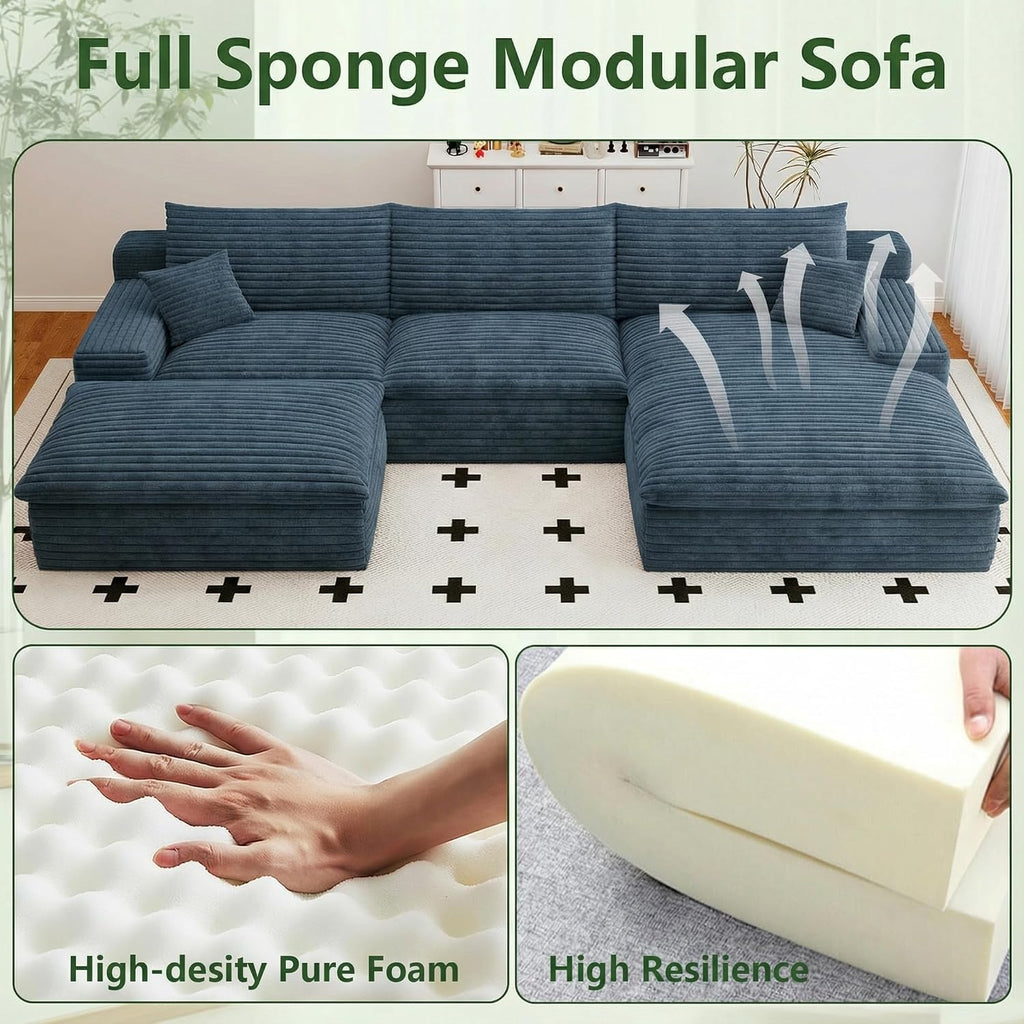 107' Cloud Couch Modular Sectional Sofa for Living Room, U-Shape Boneless Couch with Deep Seat, Modern Corduroy 3-Seater with Ottoman, No Assembly Required (Blue,Right-Facing Chaise)