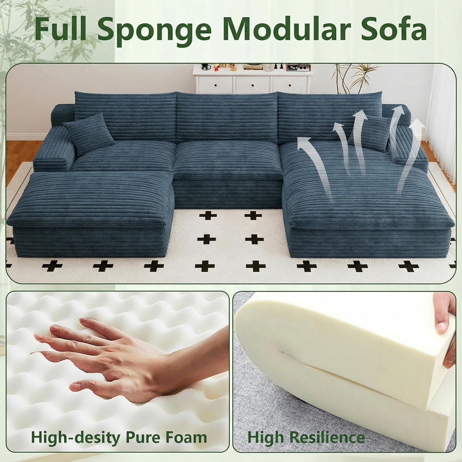 107' Cloud Couch Modular Sectional Sofa for Living Room, U-Shape Boneless Couch with Deep Seat, Modern Corduroy 3-Seater with Ottoman, No Assembly Required (Blue,Right-Facing Chaise)