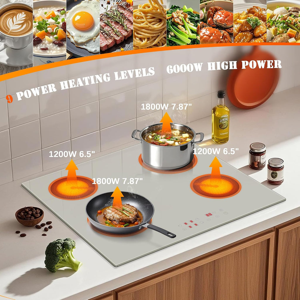 Electric Cooktop 24 Inch - 4 Burner Electric Cooktop Built-in 6000W Beige-Grey, 24 Inches Electrical Four Burner Stove Top with 99-Min Timer, Safety Lock, 220-240V Hard Wired (No Plug)