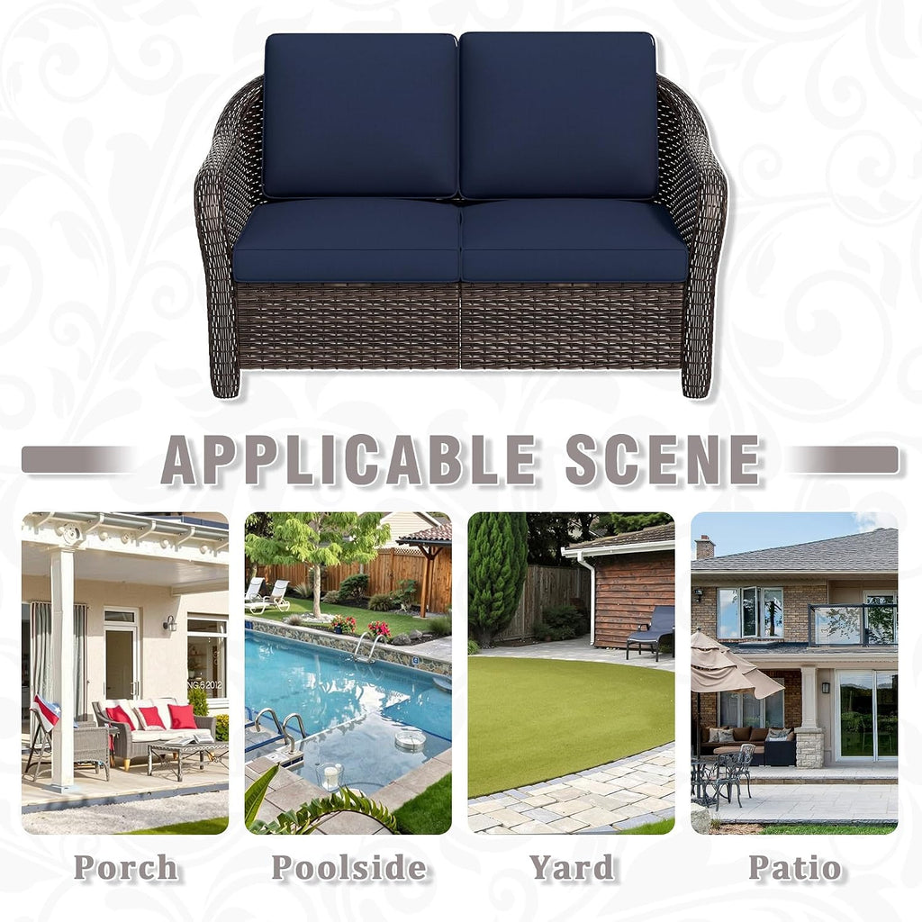 55 inch Outdoor Wicker 2 Seater Sofa, All-Weather Use Patio Rattan Loveseat with Seat and Back Cushion, Ideal for Porch, Backyard, Balcony, Poolside, Blue