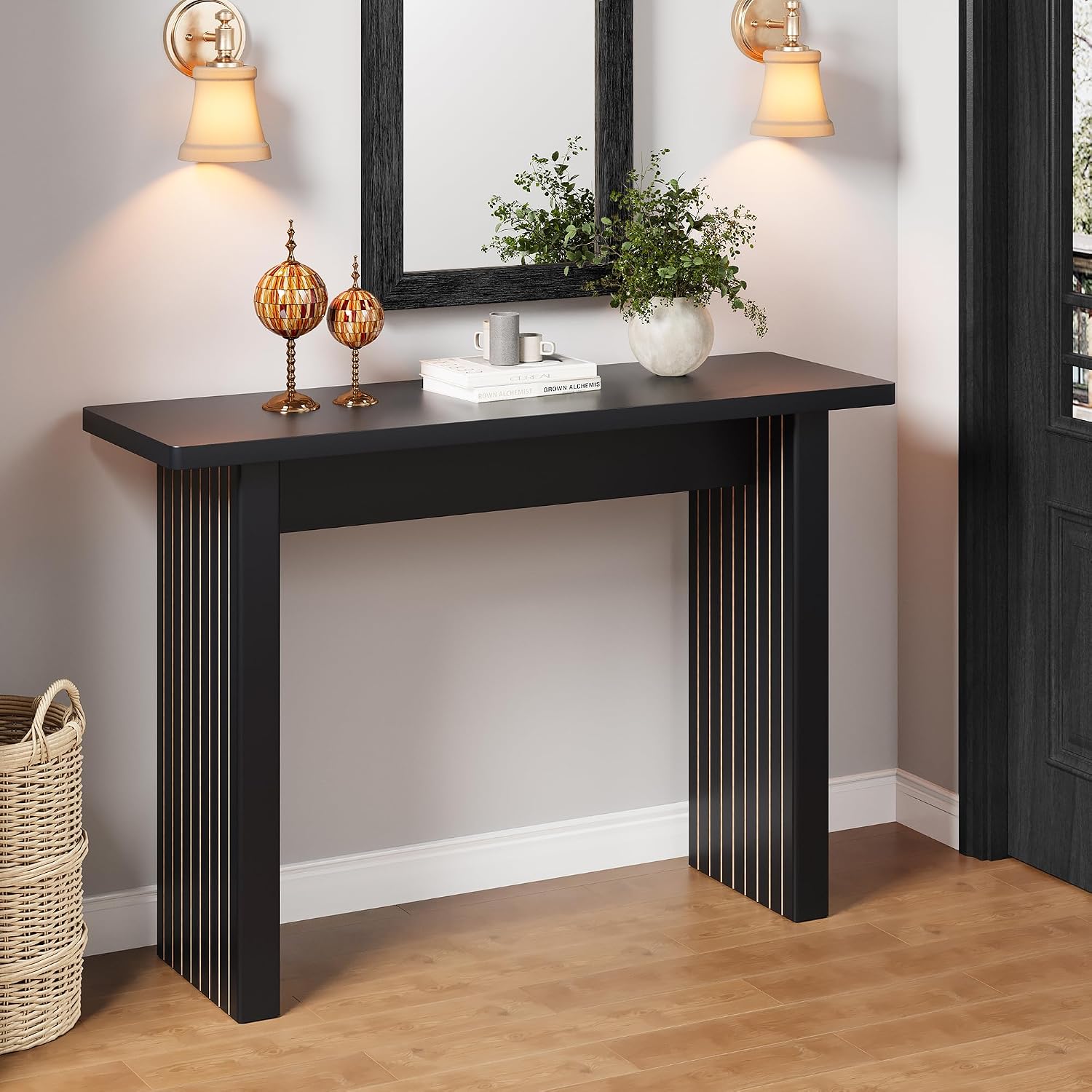 AVZEAR Mid Century Narrow Entryway Console Table, 43.3' Fluted Wood Couch Table Behind Sofa Long and Skinny for Living Room Hallway Entrance Foyer, Black