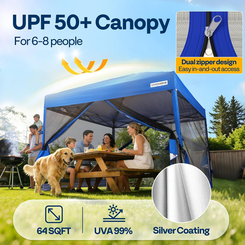 VIVOHOME 8x8ft Easy Pop-Up Canopy, Outdoor Screen Tent with Mosquito Netting, 2 Zipper Doors, and Roller Bag for Yard Camping Picnic Party Events, Blue