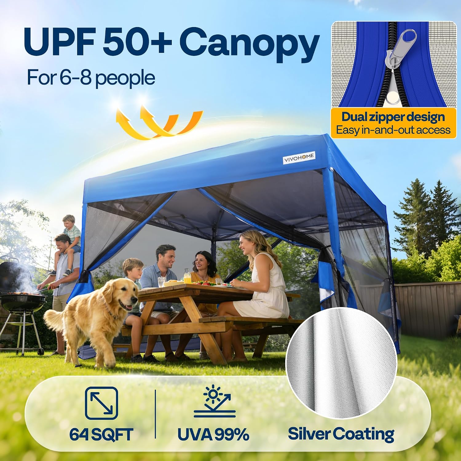 VIVOHOME 8x8ft Easy Pop-Up Canopy, Outdoor Screen Tent with Mosquito Netting, 2 Zipper Doors, and Roller Bag for Yard Camping Picnic Party Events, Blue