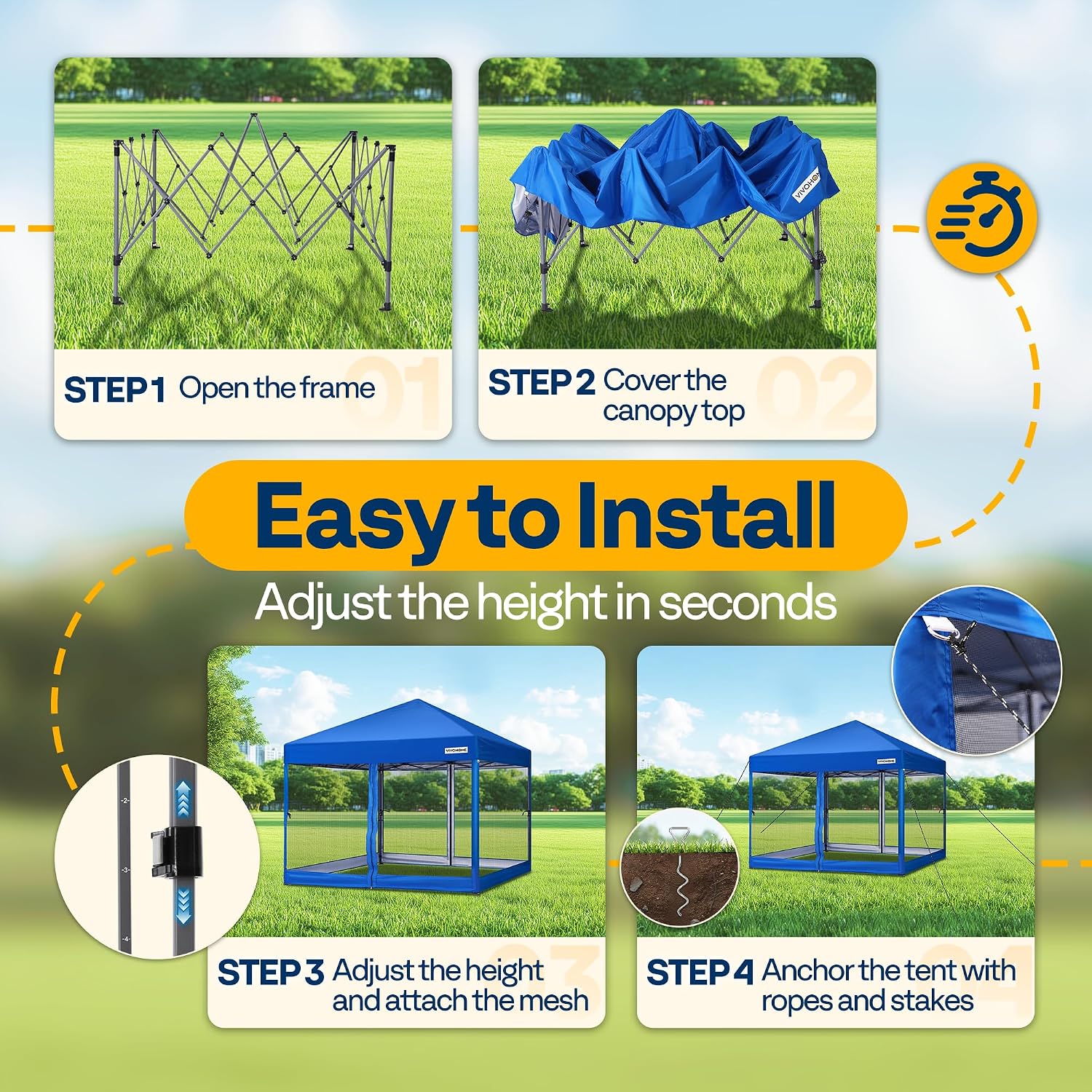 VIVOHOME 10x10ft Easy Pop-Up Canopy, Outdoor Screen Tent with Mosquito Netting, 2 Zipper Doors, and Roller Bag for Yard Camping Picnic Party Events, Blue