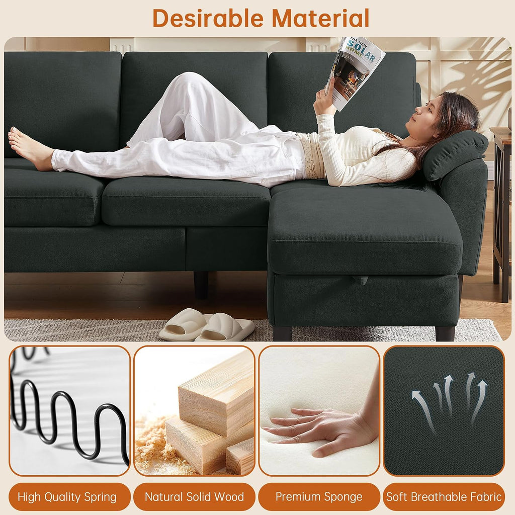 Convertible Sectional Sofa, Modern L Shaped 3-seat Sofa, 79' Linen Fabric Small Sectional Couch with Movable Ottoman, Couch for Small Spaces Living Room (Black)