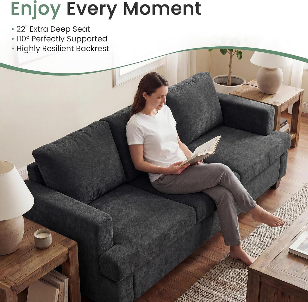 YOUDENOVA 2 Piece Set Comfy Sofa Couch, 2 3-Seater Sofa with Deep Seats, Modern Sleeper Couch for Living Room, Dark Grey Chenille