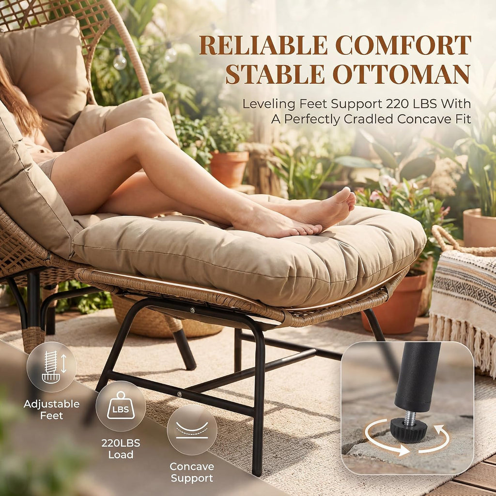 RADIATA Egg Chair with Footrest, Wicker Patio Lounger with Ottoman, Oversized Rattan Egg Shaped Chair with Leg for Indoor Outdoor Patio Balcony Garden (Brown)