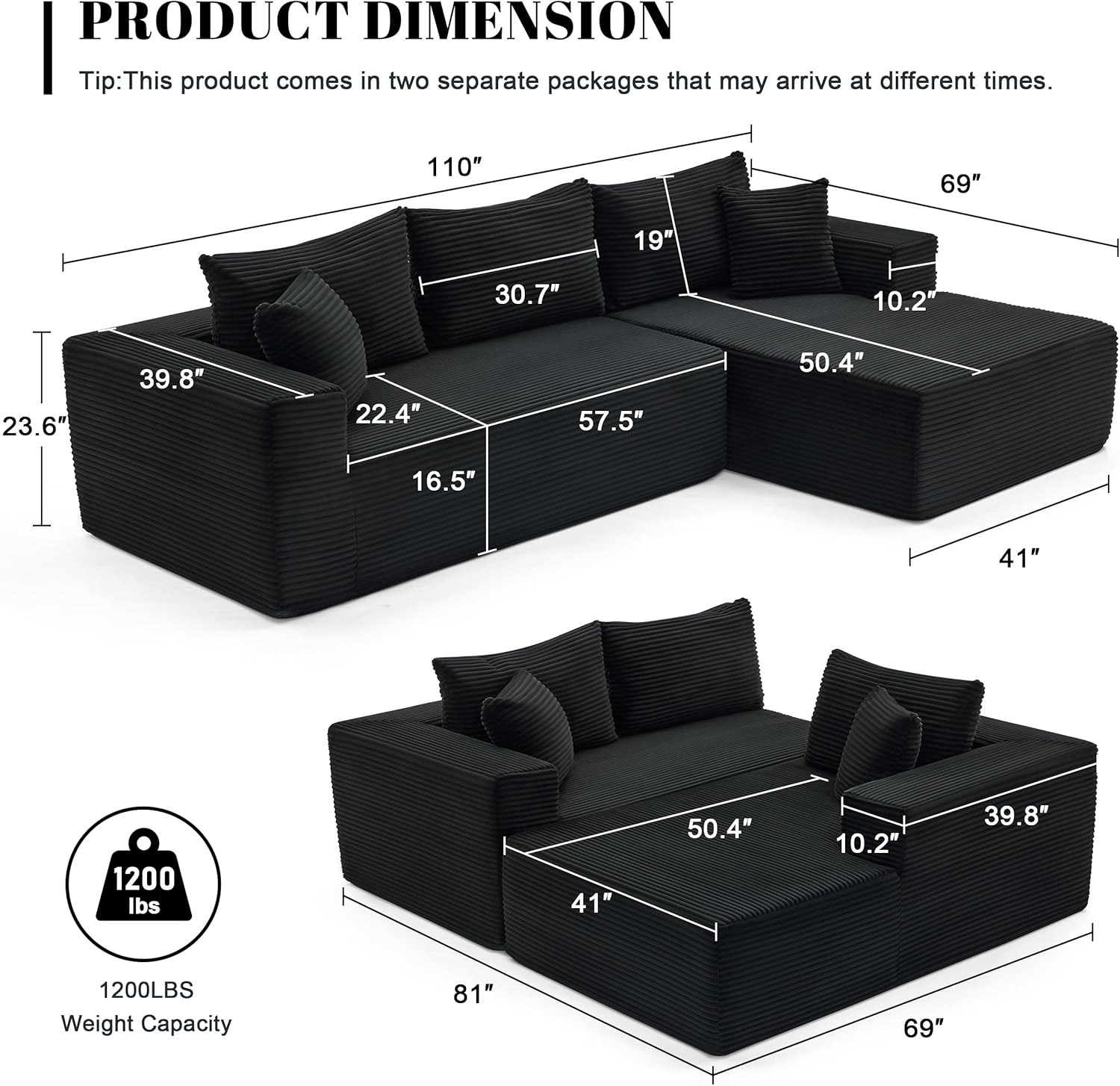 Mangodan 110' Cloud Sectional Couch, Boneless Sofa for Living Room, Modular Sectional Sofa with Deep Seat, Comfy Fluffy Couch with L-Shaped Chaise, No Assembly Required (Right-Facing Chaise, Black)