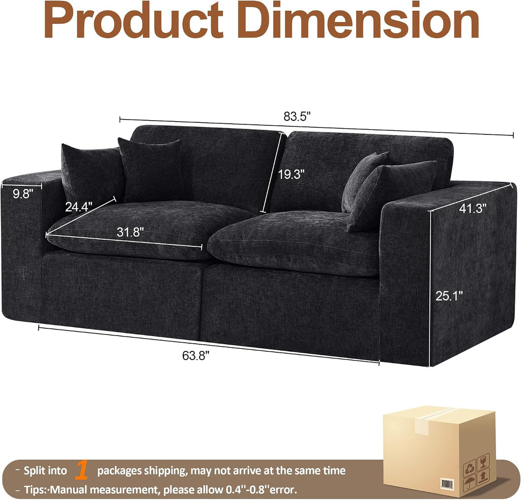 83''Cloud Boneless Sectional Couch, Modular Sectional Sofa Deep Seat, Upholstered Convertible Comfy Loveseat Chenille Memory Foam Sofa Couches for Living Room, Dark