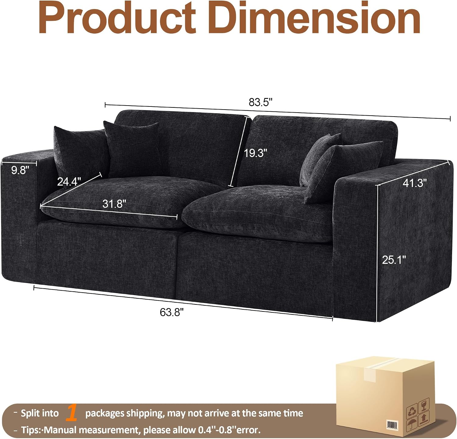 83''Cloud Boneless Sectional Couch, Modular Sectional Sofa Deep Seat, Upholstered Convertible Comfy Loveseat Chenille Memory Foam Sofa Couches for Living Room, Dark