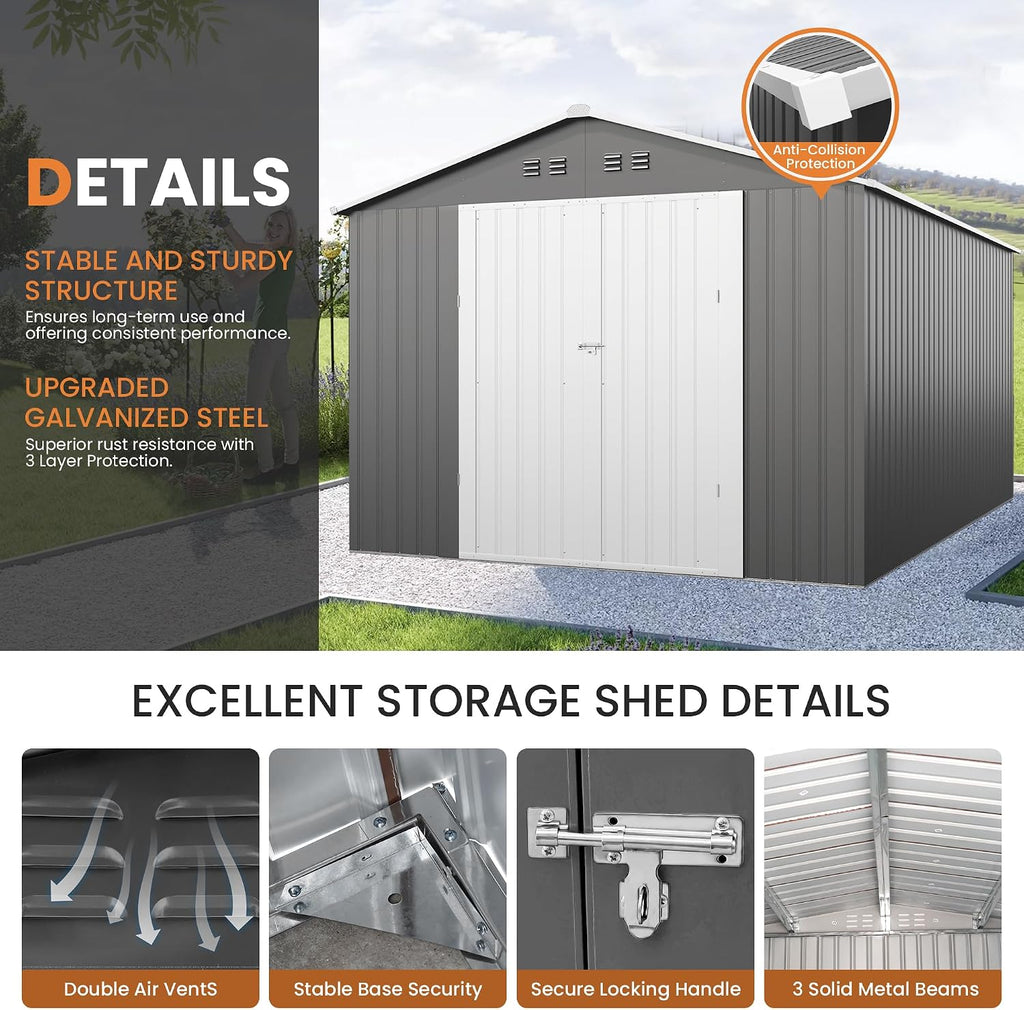 10x12 FT Outdoor Storage Shed, Tool Shed Outdoor Storage Large Updated Frame Structure with Double Lockable Doors, Steel Anti-Corrosion Sheds for Backyard, Pool, Patio, Light Gray+White