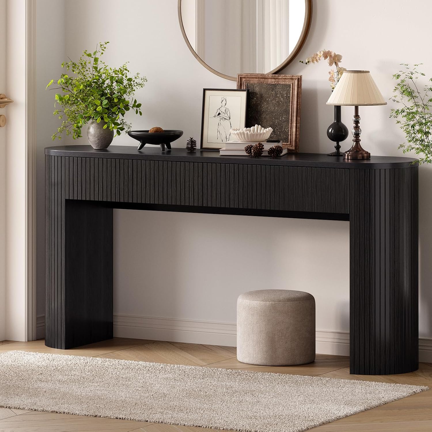 63 Inch Console Table with 2 Drawers, Fluted Entryway Tables with Storage, Sofa Table Behind The Couch, Hallway Tables, Mid-Century Modern Foyer Table for Entryway, Hallway, Living Room, Black