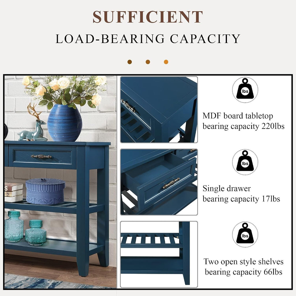 LKTART Solid Wood Console Table Entryway Table with Storage Drawers and Shelves Sofa Table for Entry Hallway Foyer,Behind the Couch Table(42' Navy Blue)