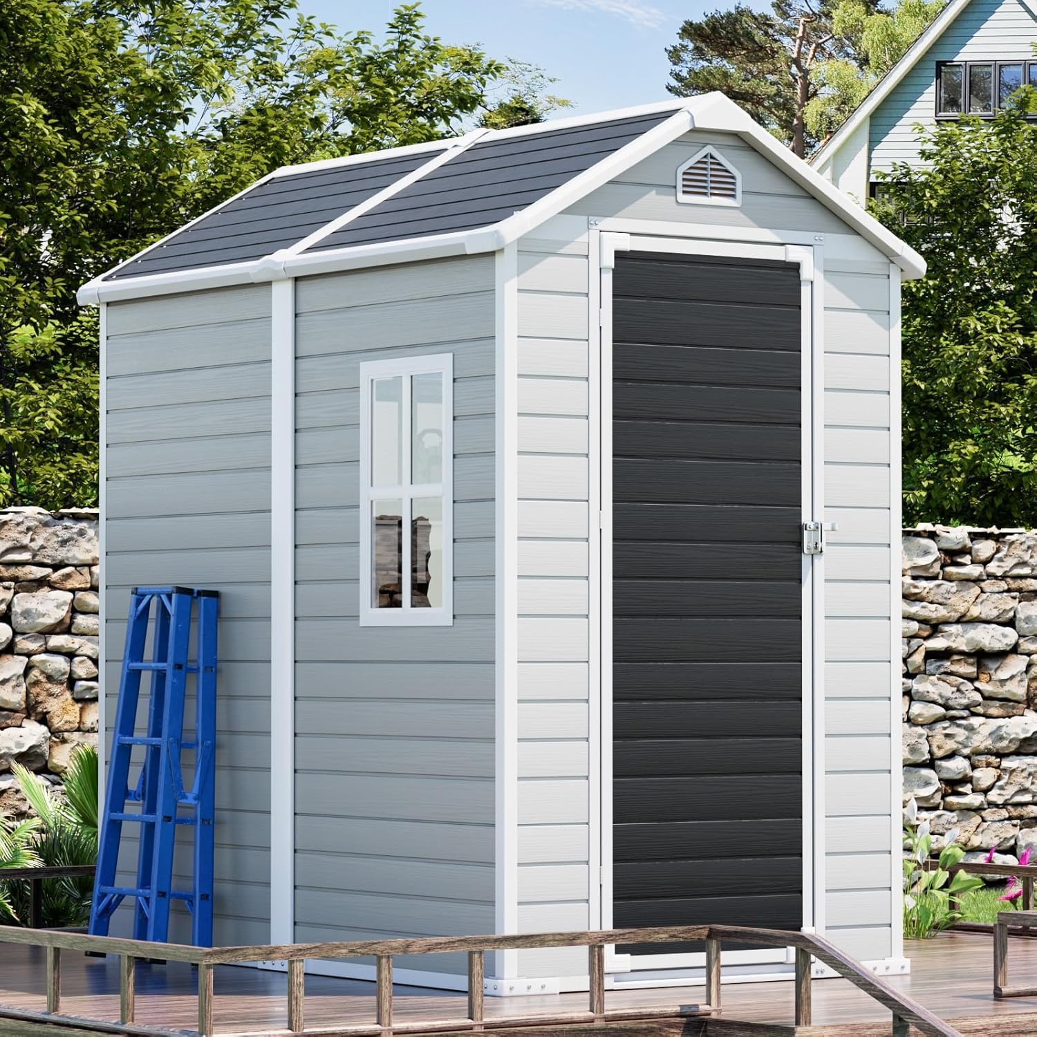 CDCASA 6x4 FT Resin Shed, Large Waterproof Outdoor Storage Sheds with Floor Included & Lockable Door & Vents, Outside Plastic Tool Shed for Backyard, Patio, Poolside, Lawn