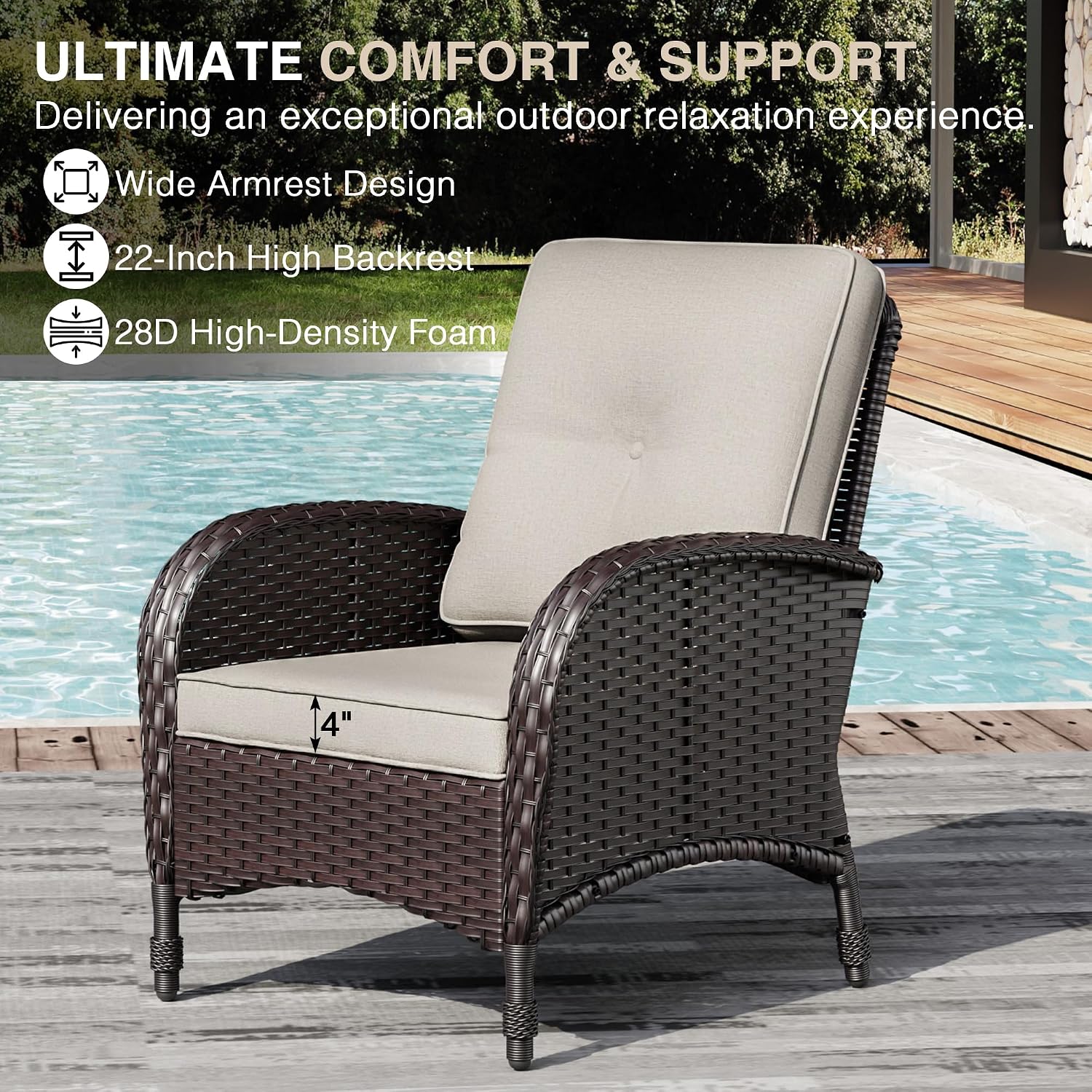 Joyside Wicker Patio Chairs Set of 2, Rattan Outdoor Furniture with Thickened Cushions, High Back, Deep Seating, Wide Armrest, Outdoor Chairs for Porch, Deck