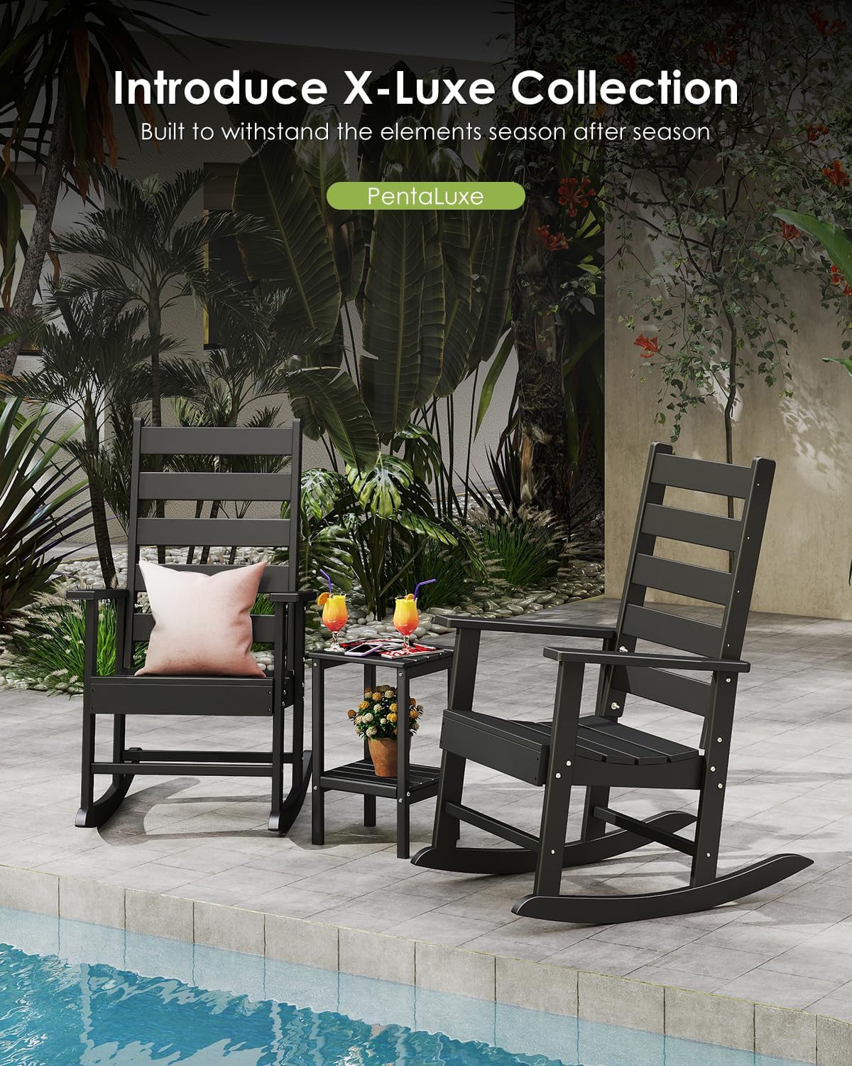 GREENVINES Outdoor-Rocking-Chairs-Set-of-4 | HDPE Plastic | Patio Rockers | Porch Rocker Chair | Shaker | Oversized | High Ladder Back | Big & Tall | PentaLuxe | Black