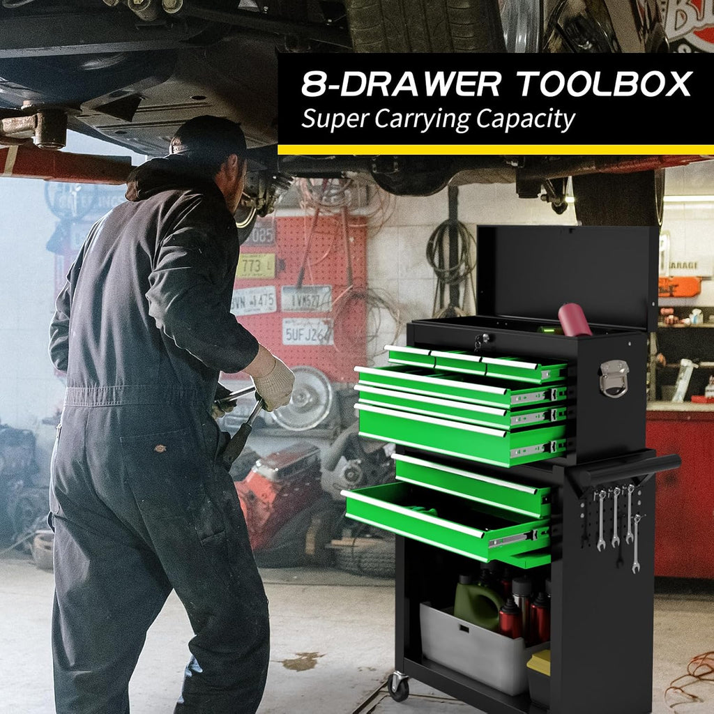 On Shine 8 Drawer Rolling Tool Chest, Large Capacity Rolling Tool Box with Wheels, Locking Mechanical Tool Chest, Portable Tool Box with Sliding Drawers for Garage Workshop and Tool Room （Black Green）