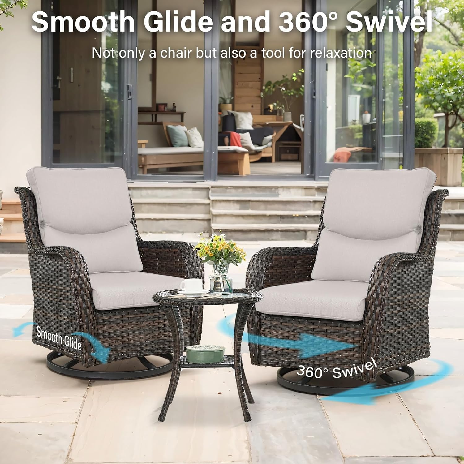 Outdoor Swivel Rocker Patio Chairs with 5' Thick Cushion - 3 Piece Wicker Bistro Set with Side Table, High Back Comfty Outdoor Glider Chairs for Balcony, Porch, Deck, Poolside - Brown/Beige