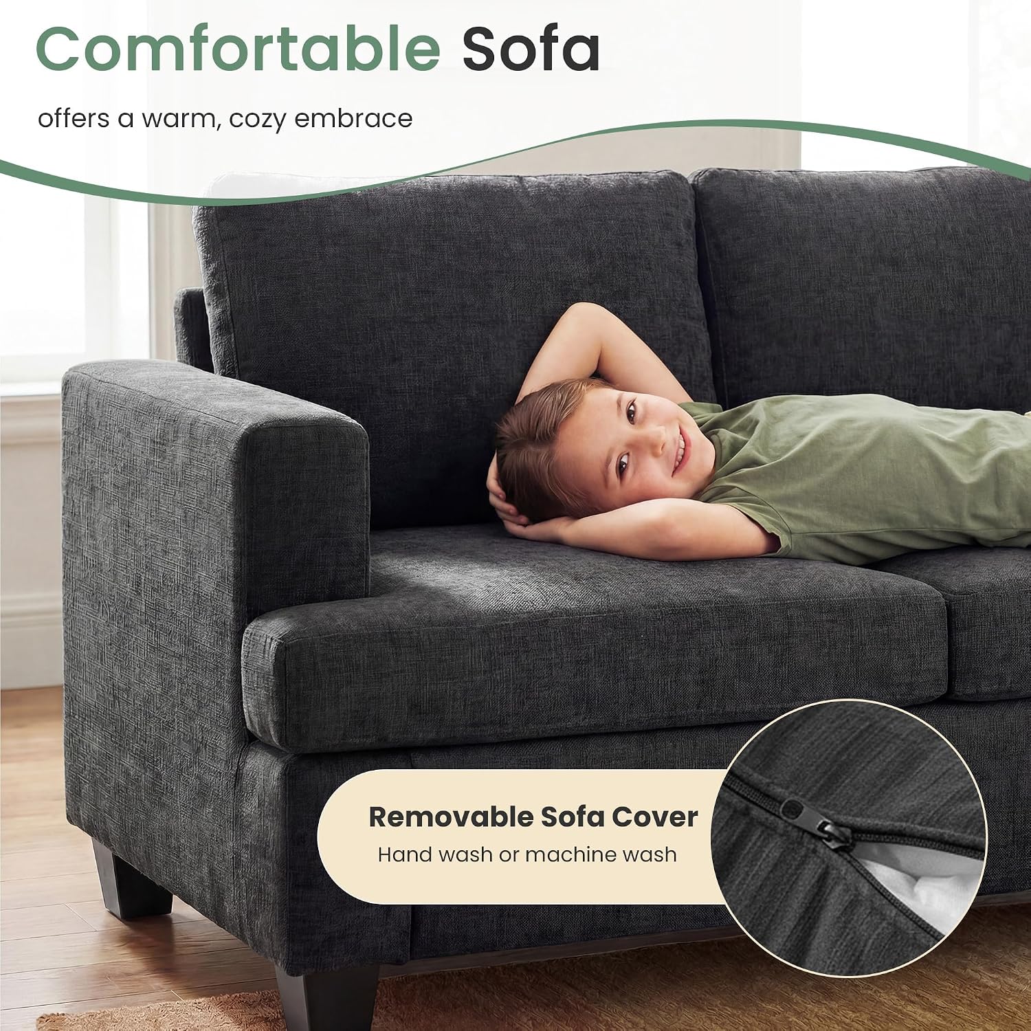 YOUDENOVA Sofa, 63' Comfy Loveseat Sofa with Deep Seats, Couch for Living Room, Modern Sleeper Couch, Dark Grey Chenille