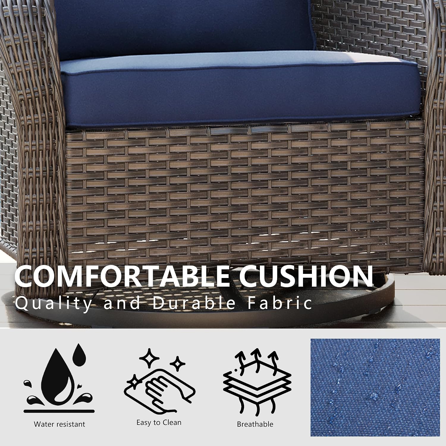 Wicker Swivel Rocking Chairs Set 2, Outdoor Brown Wicker Swivel Glider Chair Outdoor Rocking Chair with Water-Resistant Cushions, Blue
