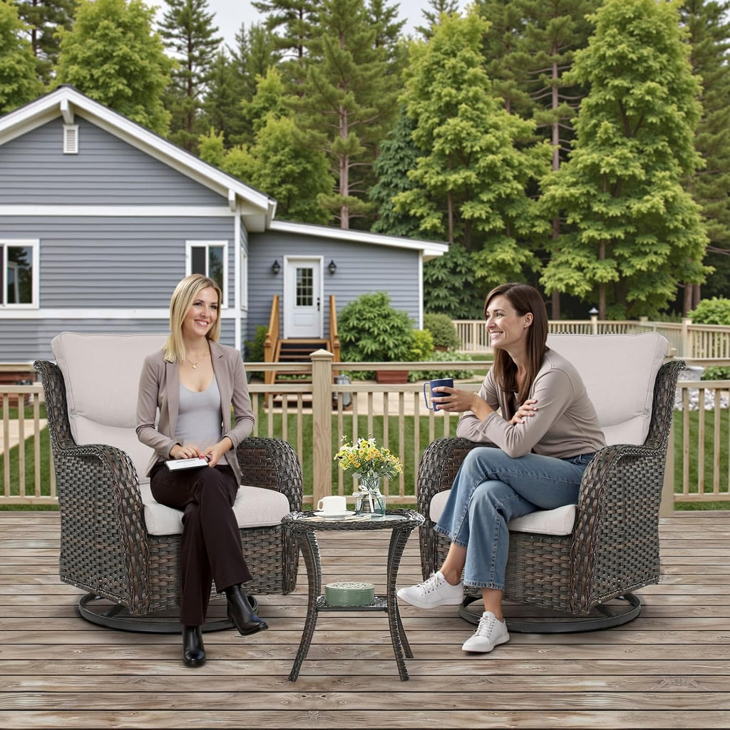 Outdoor Swivel Rocker Patio Chairs with 5' Thick Cushion - 3 Piece Wicker Bistro Set with Side Table, High Back Comfty Outdoor Glider Chairs for Balcony, Porch, Deck, Poolside - Brown/Beige
