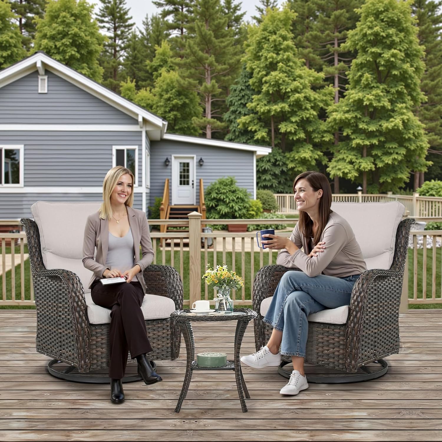 Outdoor Swivel Rocker Patio Chairs with 5' Thick Cushion - 3 Piece Wicker Bistro Set with Side Table, High Back Comfty Outdoor Glider Chairs for Balcony, Porch, Deck, Poolside - Brown/Beige