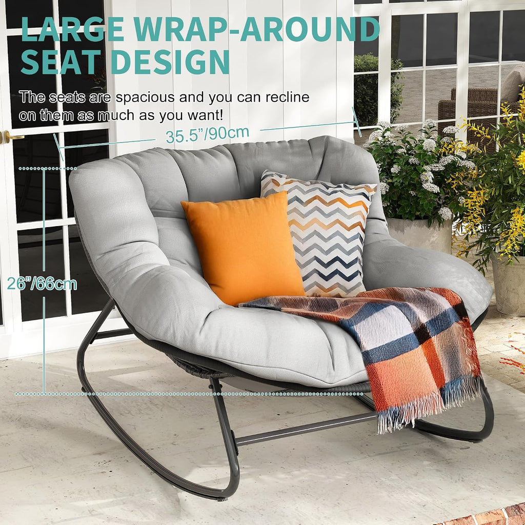 Fancyango Oversized Egg Rocking Chair for Indoor/Outdoor – All-Weather Wicker Rattan Lounge Chair with Cushion, Patio Rocker for Porch, Garden, or Balcony (Grey, 37.8' D x 36.6' W x 33' H)
