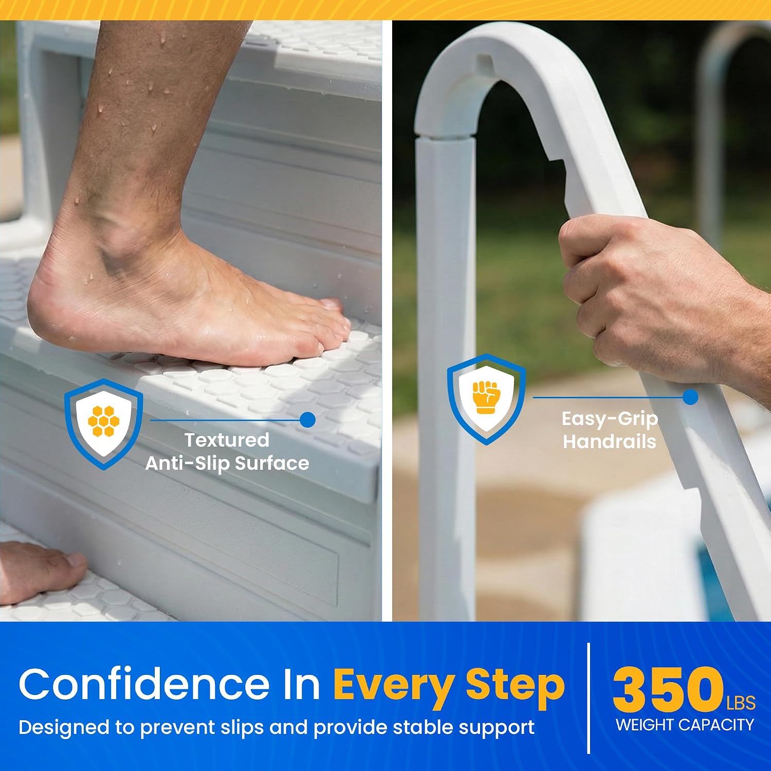 Blue Wave Easy Pool Steps – Anti-Slip Above Ground Pool Ladder – Fits 48-54-in Above Ground Pools, 350-lb Capacity – Wide Stairs with Handles & Deck Mounting Brackets, White Vinyl