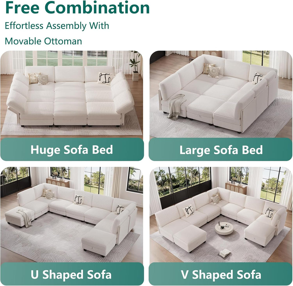 Modular Sectional Sofa with Adjustable Backrest, Large Convertible L/U-Shaped Sleeper Couch for Living Room, Cloud Sofa Bed Modern Reversible Design, Beige