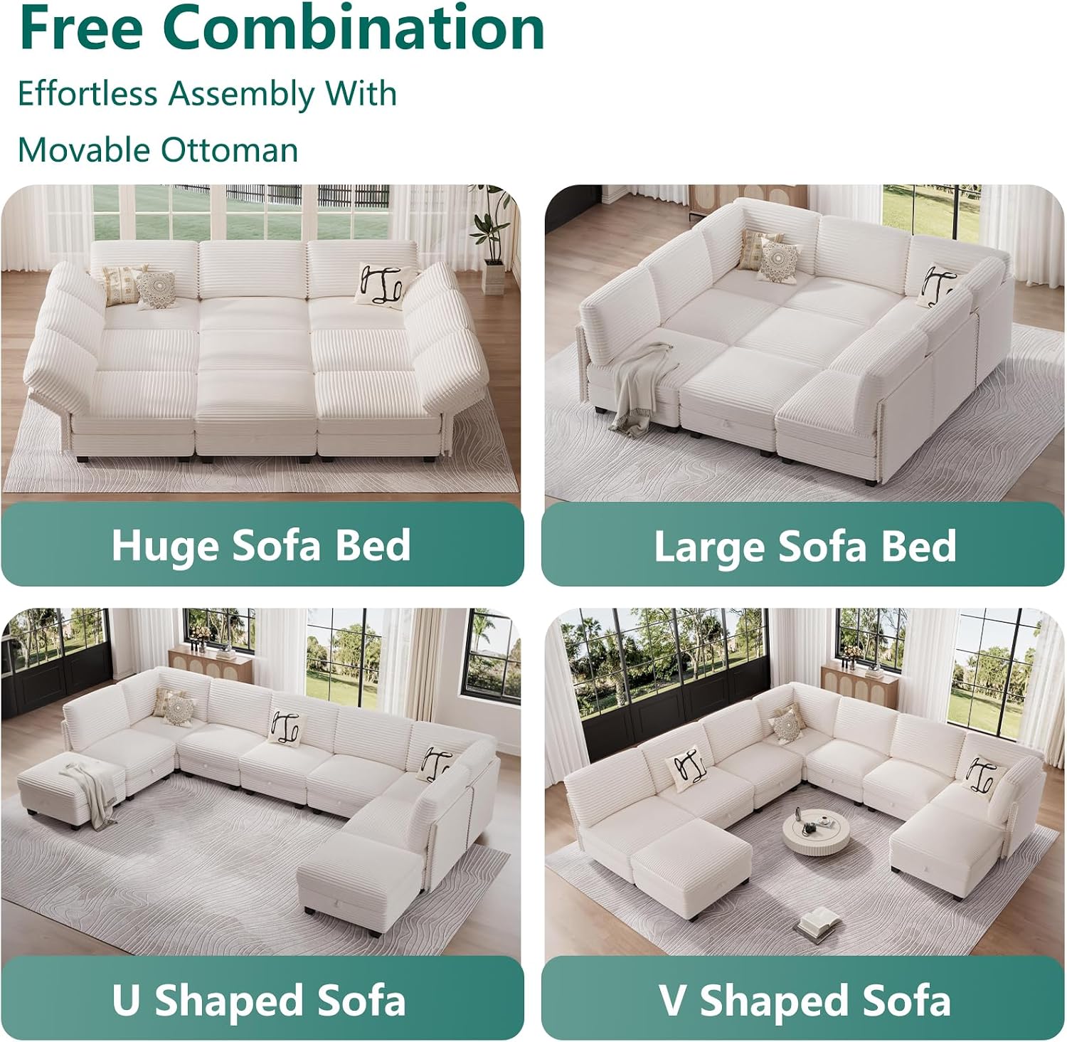 Modular Sectional Sofa with Adjustable Backrest, Large Convertible L/U-Shaped Sleeper Couch for Living Room, Cloud Sofa Bed Modern Reversible Design, Beige