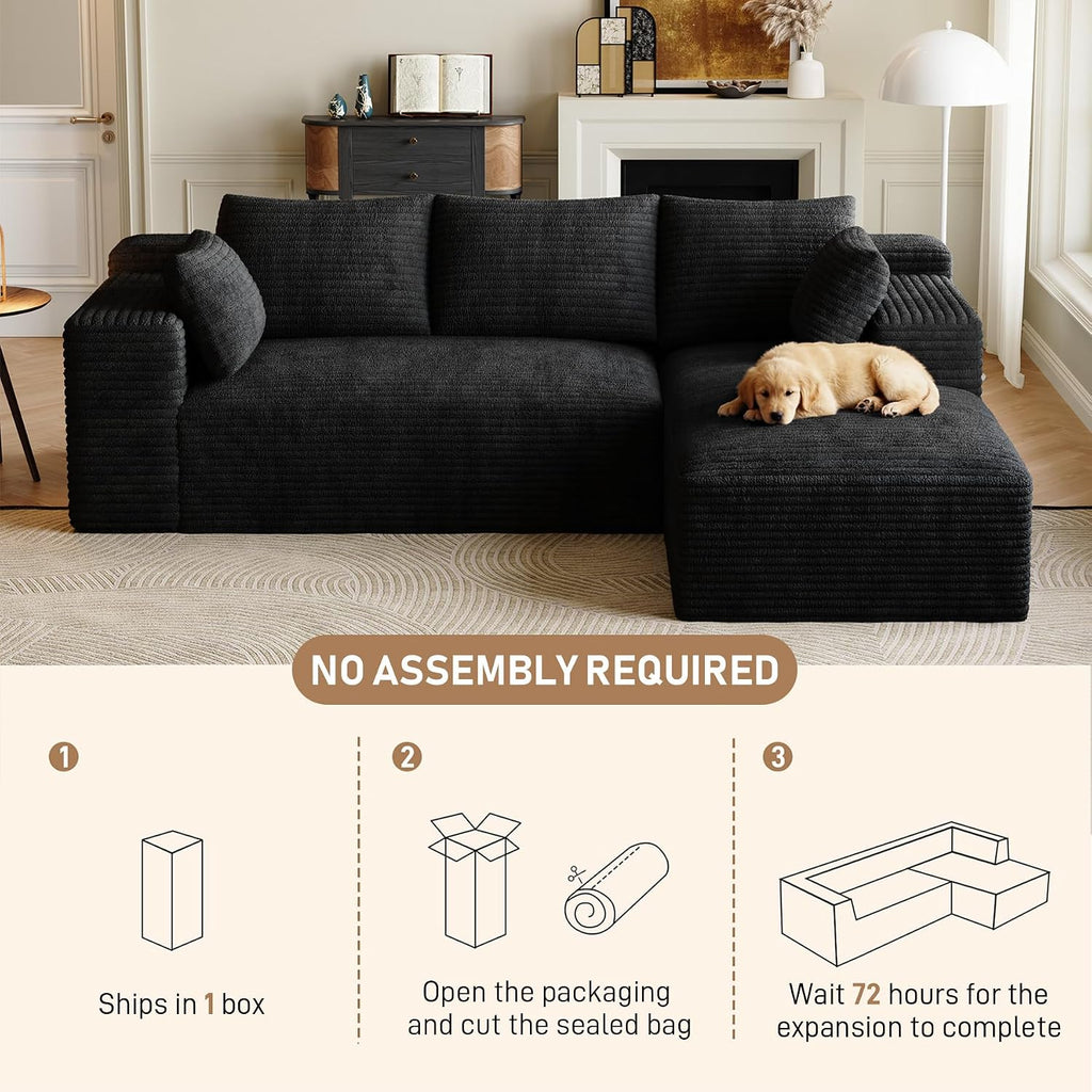 Cloud Sectional Couch Modular Sectional Sofa, 95.5' Comfy Fluffy Black L Shaped Boneless Couches for Living Room, Deep Seat Plush Corduroy Memory Foam Couch with Right Facing Chaise Sofa