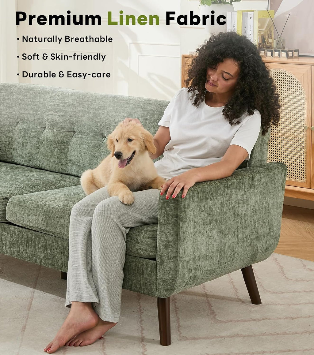 Tbfit 77.2' W Linen Sofa Couch, Mid Century Modern Decor Loveseat Couches for Living Room, Button Tufted Upholstered Small Couch for Bedroom, Solid, and Easy to Install Love Seats Furniture, Green