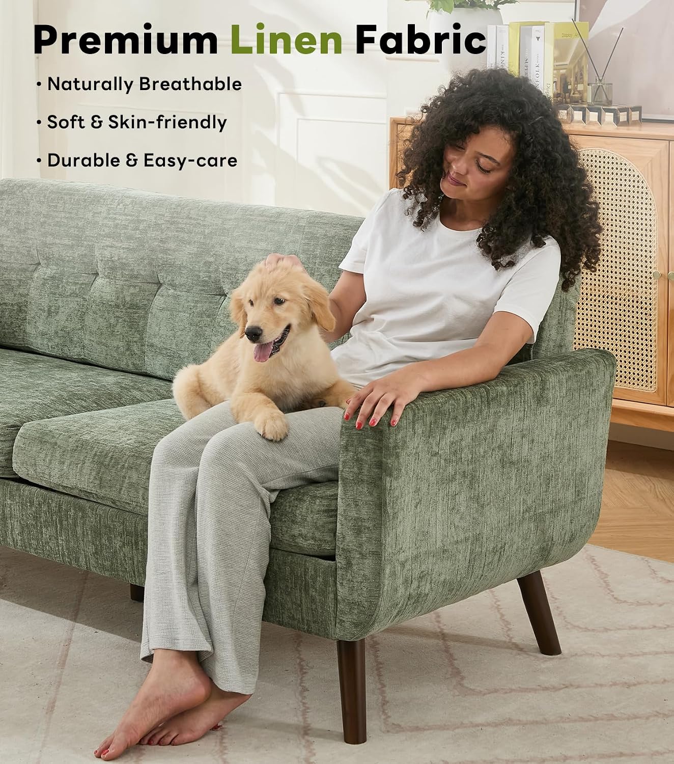 Tbfit 77.2' W Linen Sofa Couch, Mid Century Modern Decor Loveseat Couches for Living Room, Button Tufted Upholstered Small Couch for Bedroom, Solid, and Easy to Install Love Seats Furniture, Green
