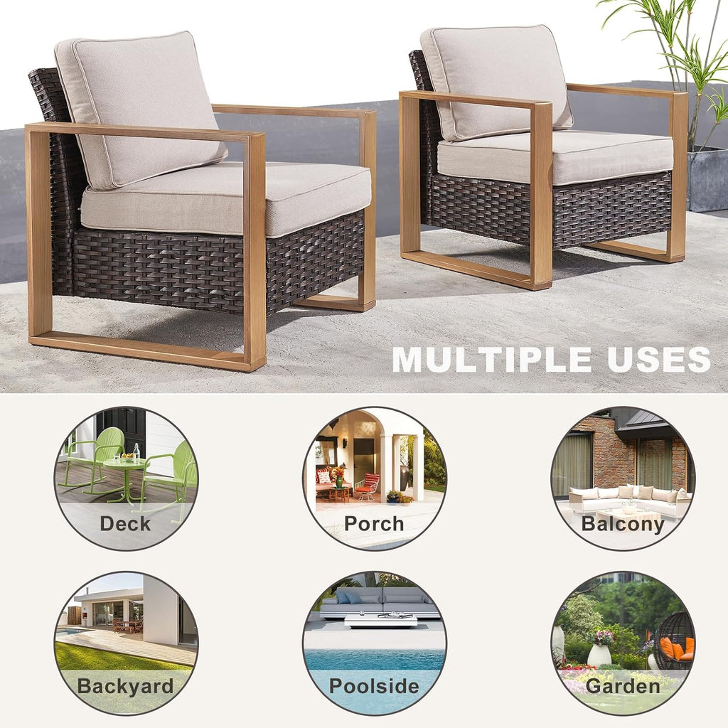 Rilyson Wicker Outdoor Patio Chairs Set of 2, Rattan Patio Furniture Chairs with Sturdy Frame,All-Weather PE Wicker,Wide Armrest,Deep Seating and Thick Cushions for Deck Porch Garden(Brown/Beige)