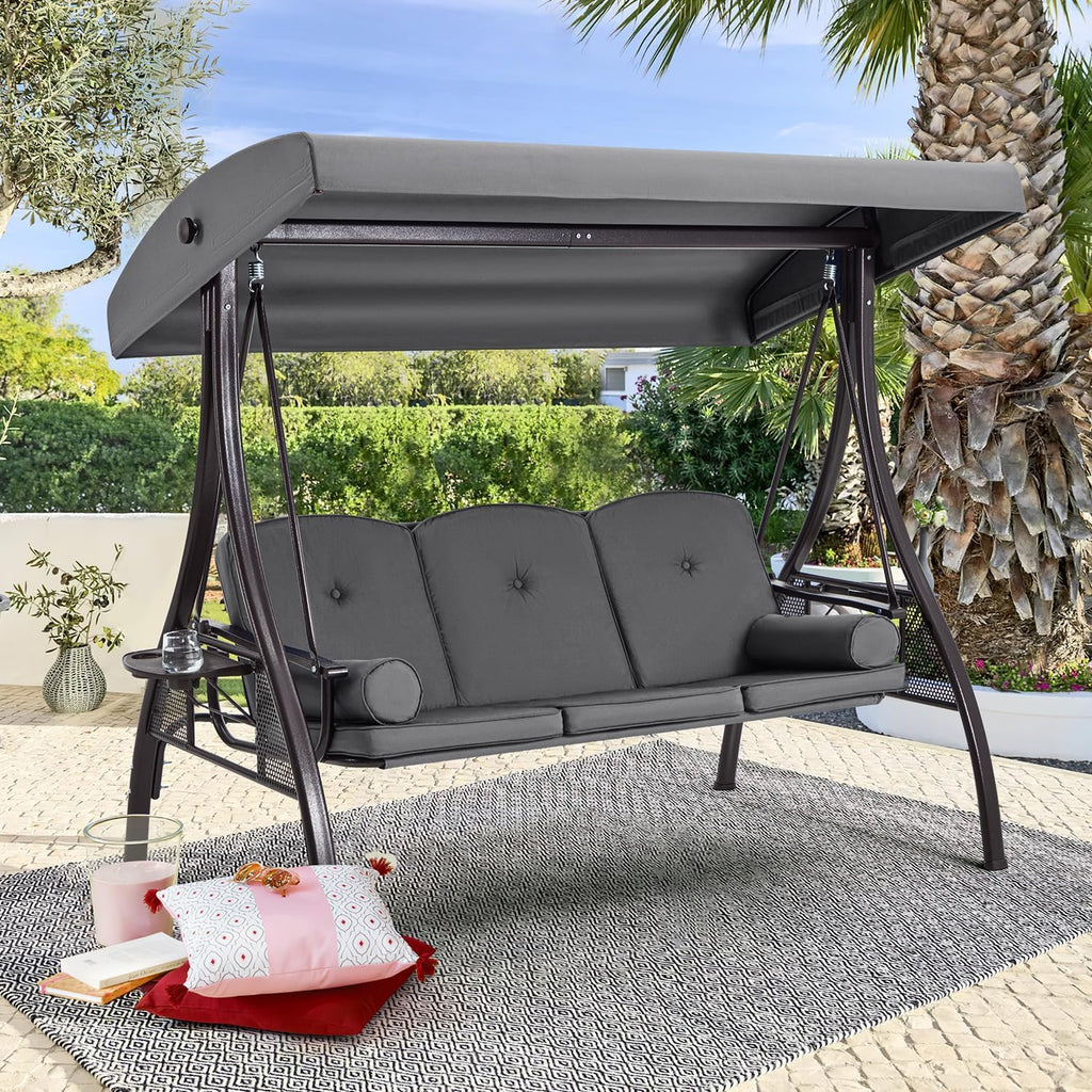 HOMREST 3 Person Outdoor Porch Swing with 1.5' Upgraded Cup Holder, Adjustable Canopy, Backrest, Patio Swing Bed with Weather Resistant Steel Frame, Cushions for Garden,Deck and Poolside(Gray)