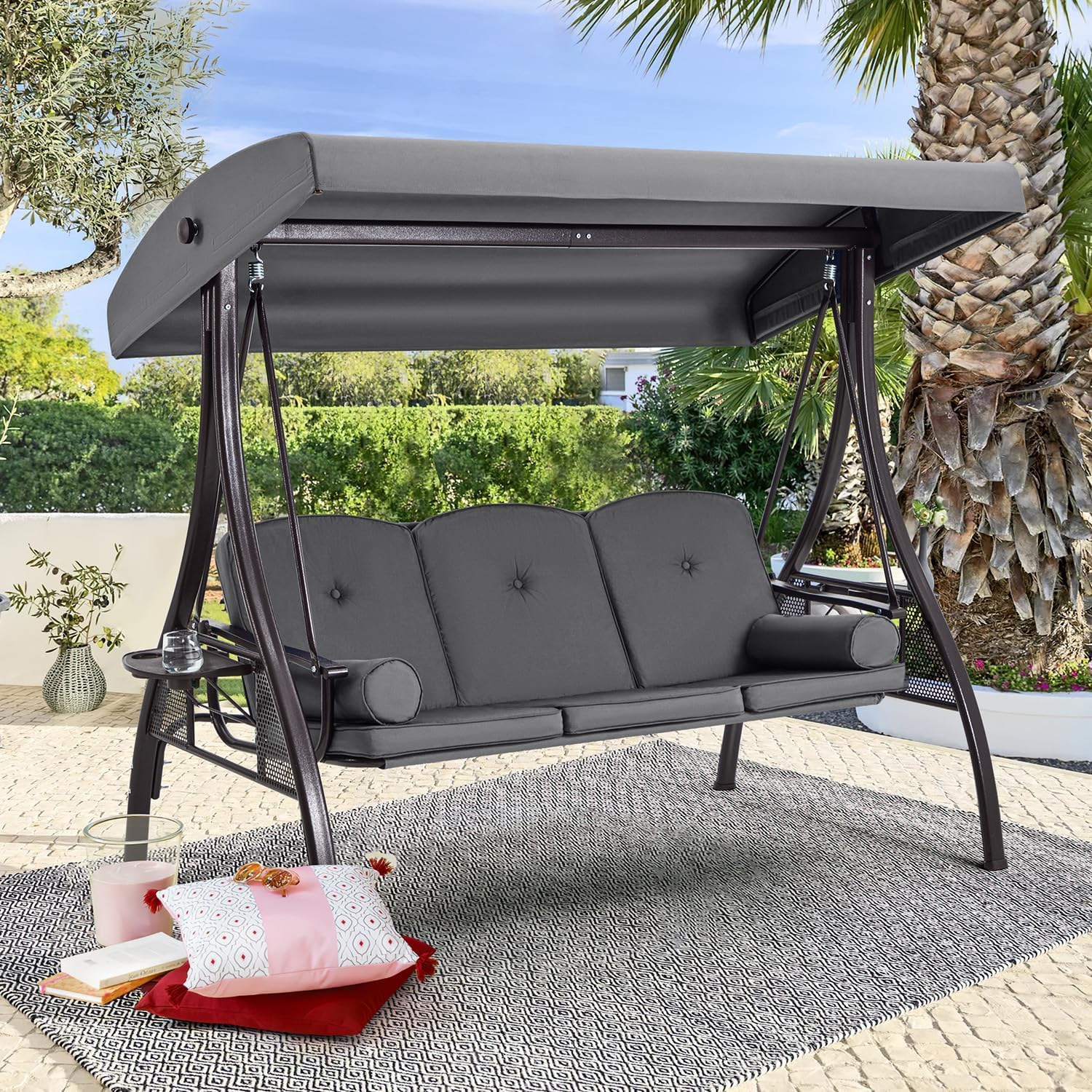 HOMREST 3 Person Outdoor Porch Swing with 1.5' Upgraded Cup Holder, Adjustable Canopy, Backrest, Patio Swing Bed with Weather Resistant Steel Frame, Cushions for Garden,Deck and Poolside(Gray)