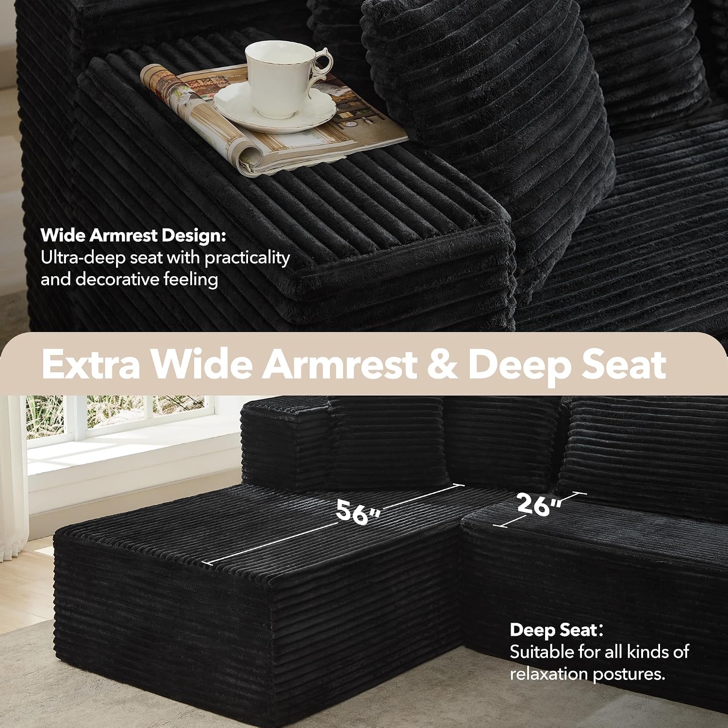 Modular Sectional Sofa Cloud Sectional Couch, 106' Comfy L Shaped Black Couches for Living Room,Oversized Sofa Sleeper with Deep Seat, No Assembly Required
